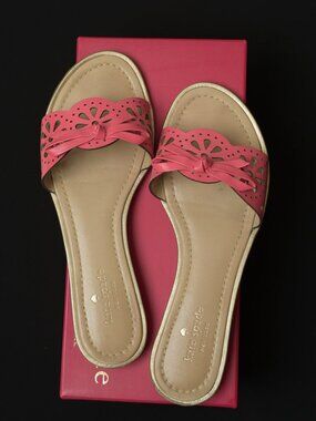 Kate Spade Pink Laser Cut Floral Bow Slide Sandals Flat - 9.5